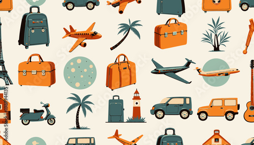 Colorful Pattern of Travel Icons Featuring Luggage, Vehicles, and Aircraft on a Cream Background for Wanderlust Enthusiasts