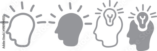 Gray Human Head Idea Icons Set - Brainstorming, Innovation, and Creative Thinking Symbols - Lightbulb Inside Mind Line Art and Silhouettes - Professional Neutral Web Icons