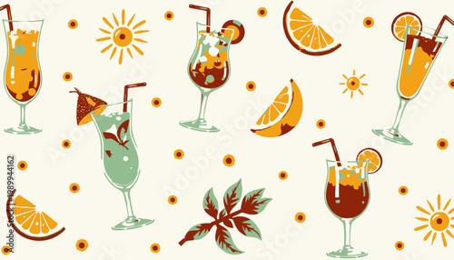 Colorful Refreshing Mixed Drinks with Slices of Citrus Fruits and Decorative Elements on Light Background Perfect for Summer Parties and Gatherings