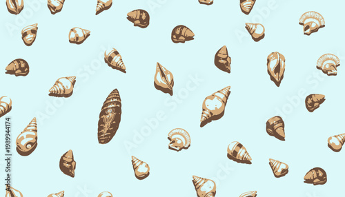 Seamless Pattern Featuring Various Sea Shells Adrift on Light Blue Water with Delicate Ripples and Subtle Shading for a Calming Coastal Design