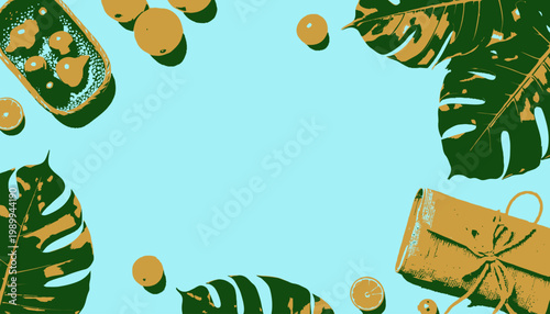 Tropical Background with Exotic Fruits, Lush Green Leaves, and Rustic Elements on a Vibrant Blue Surface Perfect for Creative and Summer Designs