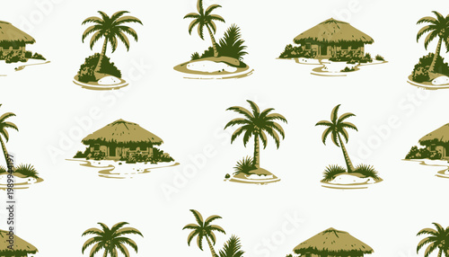 Seamless Tropical Island Pattern Featuring Palm Trees and Thatched Huts Surrounded by Ocean Waters and Sandy Beaches for a Vacation Atmosphere