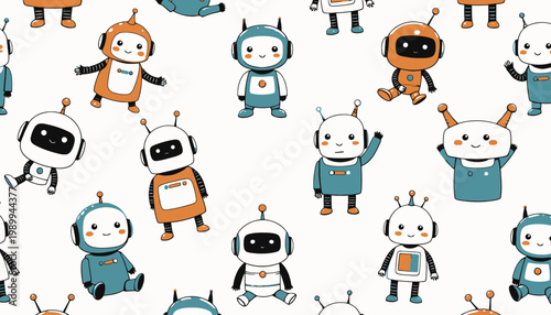 Seamless Pattern of Cute Cartoon Robots in Various Poses with Colorful Designs on a White Background for Kids' Products and Wallpaper