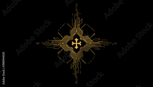 Intricate Geometric Pattern with Golden Symmetrical Design on a Black Background Creating a Futuristic Technological Aesthetic
