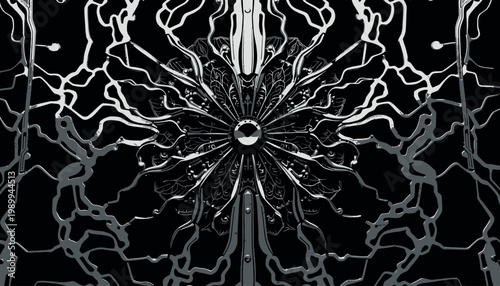 Intricate Metallic Sculpture Showcasing Symmetrical Geometric Patterns with Floral Motifs and Organic Twisting Designs in Gold and Silver Tones