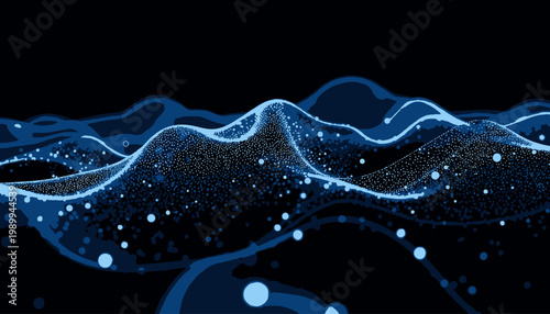 Abstract Digital Wave Landscape with Glowing Particles Against a Dark Background in a Futuristic Aesthetic