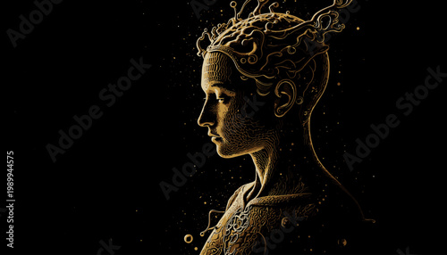 Intricately Designed Abstract Sculpture Portrait in Golden Hues Showcasing a Fusion of Organic and Geometric Elements with Detailed Patterns Against Dark Background