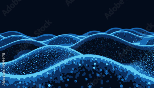 Abstract Representation of Illuminated Digital Waves with a Futuristic Glow and Particle Surface in a Dark Space Setting