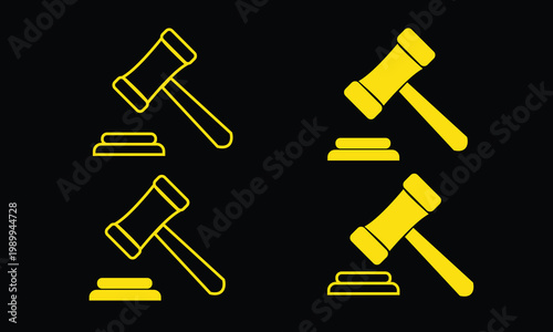 Yellow Judge Gavel Icons on Black Background - Auction Hammer Yellow Line Art and Silhouettes - Legal Justice and Law Symbols - Dark Mode Professional Web Icons