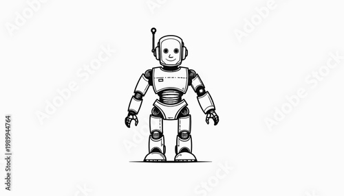 Illustration of a Smiling Humanoid Robot with Antenna and Articulated Limbs in Simplified Black and White Design