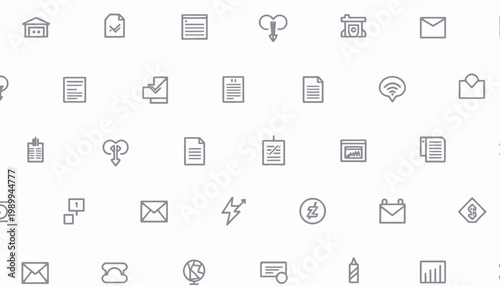 Collection of Minimalistic Line Icons Representing Various Digital Communication and Office Related Tools and Concepts on a Clean Background