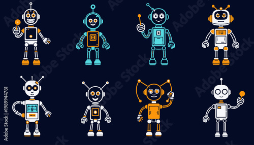 A Diverse Collection of Eight Unique Cartoon Robots with Varied Designs and Color Schemes on a Dark Background Showcasing Robotics Creativity