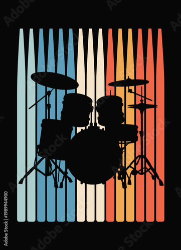 A silhouette of a drum set is set against a background of vertical stripes in shades of blue, beige, and red.