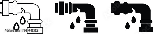 Black Broken Water Pipe Icons Set - Leaking Pipe with Water Drops - Plumbing Damage Line Art and Glyph Silhouettes - Repair, Maintenance, and Emergency Plumbing Web Icons