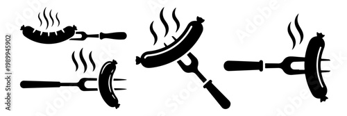 Sausage on a fork with steam. Black silhouette vector icons with transparent PNG background for BBQ and food designs.