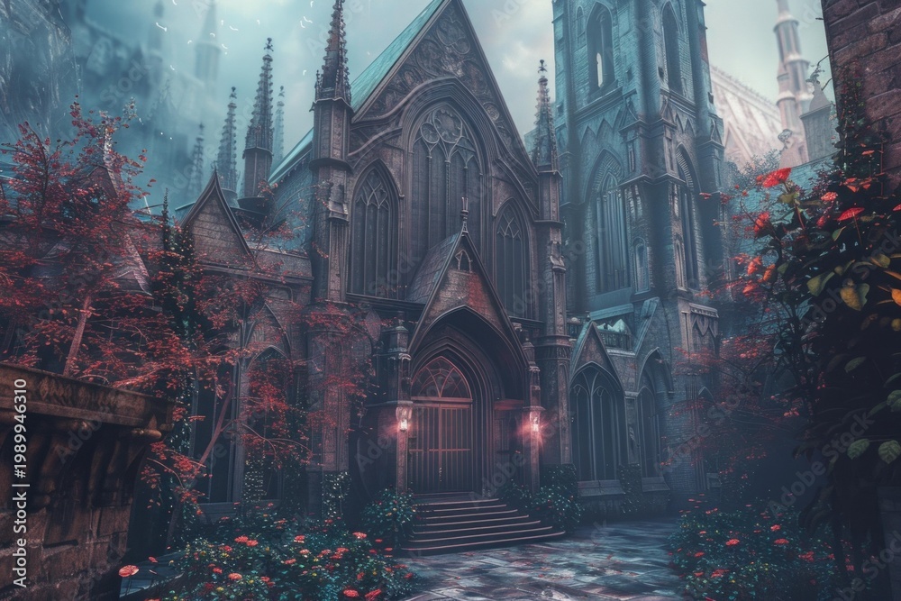 Fototapeta premium Red flowers frame a gothic cathedral emerging from the fog in an enchanted forest, creating a mystical atmosphere