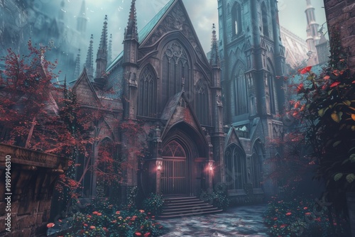 Red flowers frame a gothic cathedral emerging from the fog in an enchanted forest, creating a mystical atmosphere