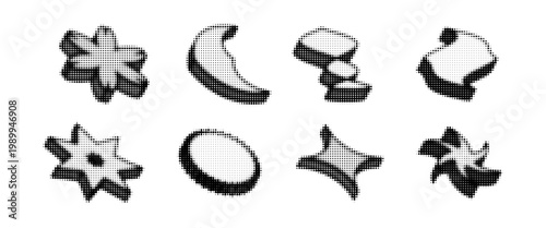 Colorful bitmap halftone shape set. Pixelated spark-shaped design element pack for banner, poster, leaflet, sticker, collage. Dither 3d raster object collection. Retro Y2K 8 bit effect bundle. Vector