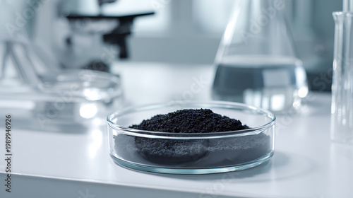 Black granular material in petri dish on laboratory table with blurred microscope and glassware, representing scientific research