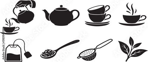Set of different flowers and vegetables illustrated with kitchen drink items like teapots cups and kettles