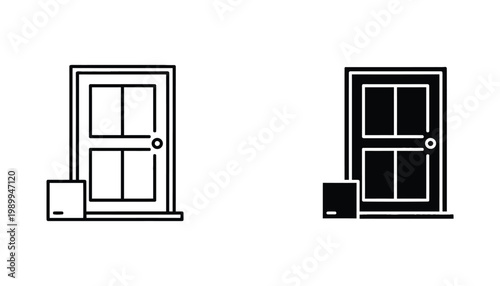 Door with package delivery on doorstep icon in outline and solid black style for logistics