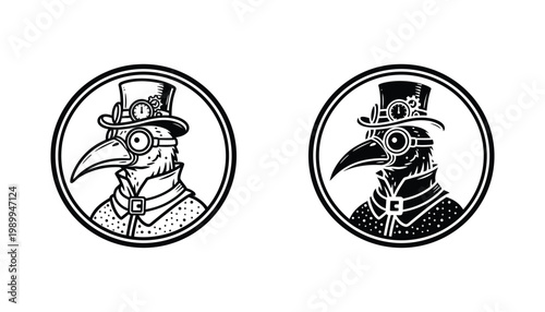 Steampunk plague doctor mask icon in circle frame in outline and solid black style