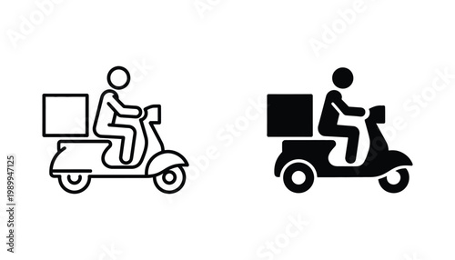 Delivery person on scooter icon in outline and solid black style for food and parcel delivery