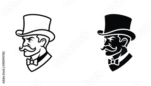 Gentleman with top hat and mustache in profile view vector illustration in outline and solid black styles for vintage branding