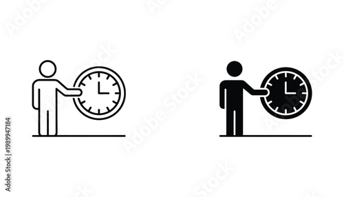 Person holding clock icon representing time management and punctuality in outline and solid black style for productivity apps