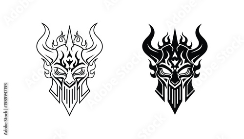 Demon head with horns and tribal flame patterns in outline and solid black vector illustration styles for fantasy gaming logos and dark art designs