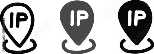 Black IP Address Location Marker Set with Outline and Solid Pin Icons for Web Hosting and Server Tracking Concepts