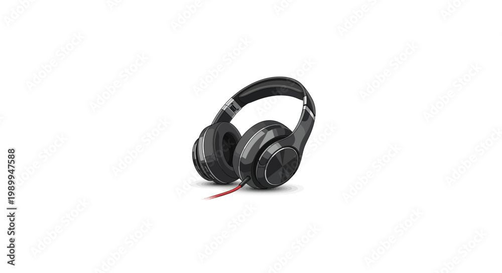 Fototapeta premium Modern black over-ear headphones with red cable isolated on white background.