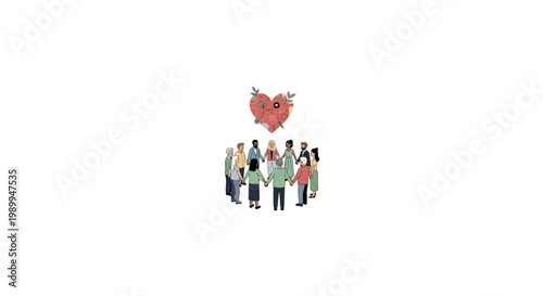 Diverse group of people standing together with a large heart symbol above representing unity and love.