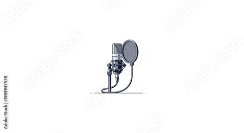 Professional studio microphone with pop filter on white background.