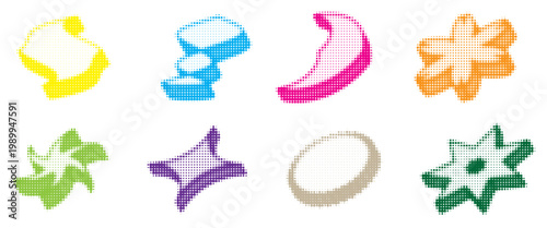 Colorful bitmap halftone shape set. Pixelated spark-shaped design element pack for banner, poster, leaflet, sticker, collage. Dither 3d raster object collection. Retro Y2K 8 bit effect bundle. Vector