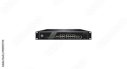 Front view of a professional network switch with multiple Ethernet ports and indicator lights last 2026.