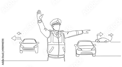 Traffic Cop Directing Cars, One Line Art Illustration
