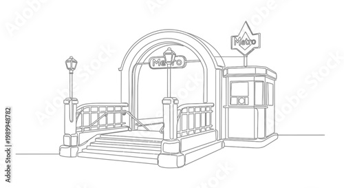 Paris Metro Entrance Line Art Drawing - Classic Parisian Architecture Style