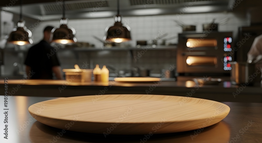 Fototapeta premium Empty plate on a counter in a professional restaurant kitchen with restaurant industry food preparation food service restaurant equipment