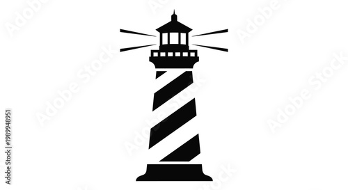 Striking black and white lighthouse illustration with radiating lines a bold silhouette