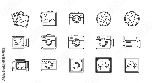 Camera, photography, icon set, 13 line style graphics, black and white, vector illustrations, media, film, video, editing, design elements
