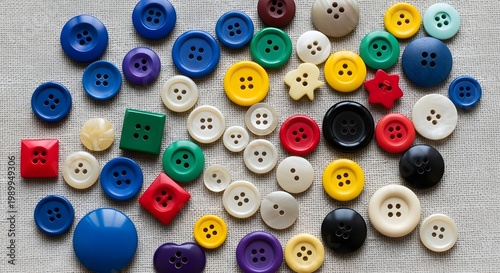 Assortment of colorful buttons scattered on a textured fabric background