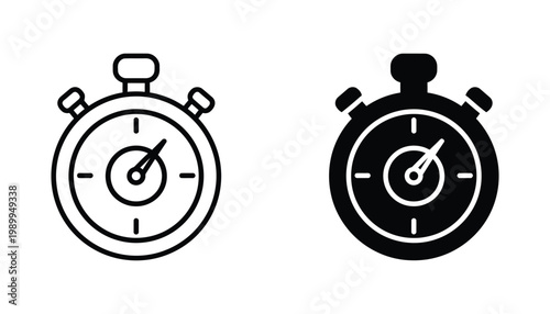 Classic stopwatch timer icon set for time management and sports performance tracking in outline and glyph style