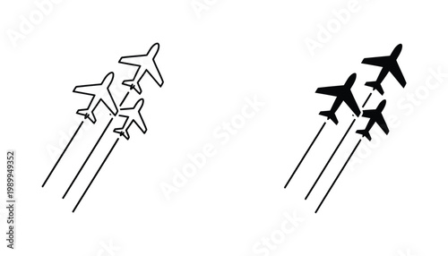 Formation of three flying airplanes icon in line and solid style for aviation travel and logistics concepts