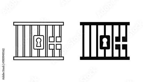 Prison cell bars with keyhole outline and solid icon set representing security restriction law enforcement and justice system concepts