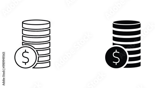 Dollar coin stack icon set for financial savings and banking wealth management concepts in flat and outline styles