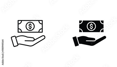 Hand holding dollar bill money icon in line and solid style for financial payment and banking applications