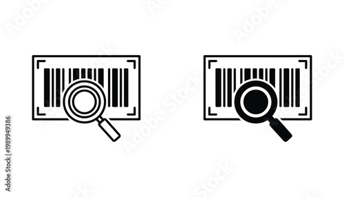 Barcode scanning icon set featuring magnifying glass over label in line and glyph style for inventory management and retail software interface design