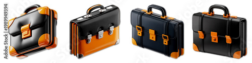 Four black and orange leather briefcases, isolated on black business