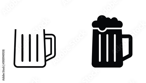 Beer mug with foam icon set for pub and brewery branding in line and solid black silhouette style
